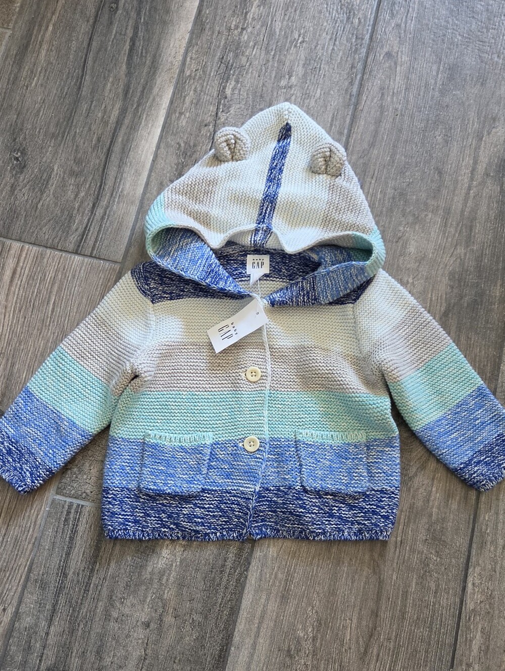 GAP Baby NWT 6-12 Months Blue/Teal Stripe Hooded Knit Cardigan